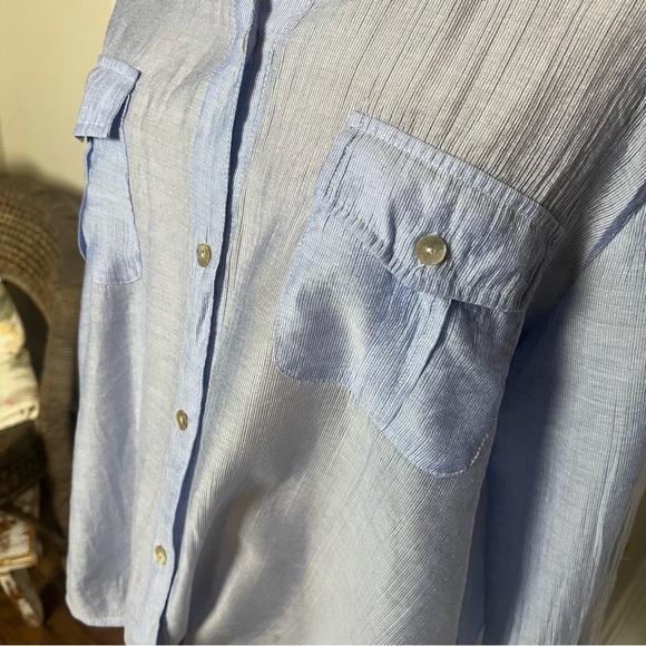 Chico’s light blue with faint  stripes, tie waist sheer button down, Chico’s 2 - Picture 2 of 9